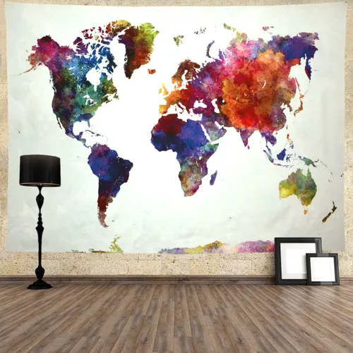 Vista 4 de Ameyahud Tapiz de mapamundi de acuarela, tapiz educativo de geografía, pintura colorida, tapiz del mundo nacional, decoración para colgar