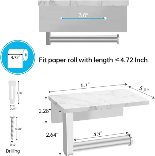 Vista 2 de Soporte de papel higiénico con estante de mármol, soporte de papel higiénico montado en la pared de acero inoxidable SUS304 y 2 ganchos adhesivos
