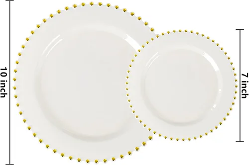Vista 2 de ejonirinjonir EI 60 platos de plástico beige con borde dorado, platos desechables marfil, plato de plástico de lujo resistente, cena de 10 pulgadas