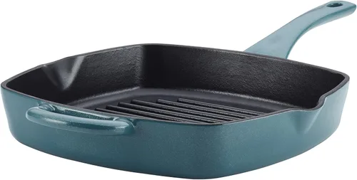 Vista 11 de Ayesha Curry Kitchenware - Sartén de hierro fundido esmaltado con mango auxiliar y boquillas de vertido, 12 pulgadas, color azul ancla