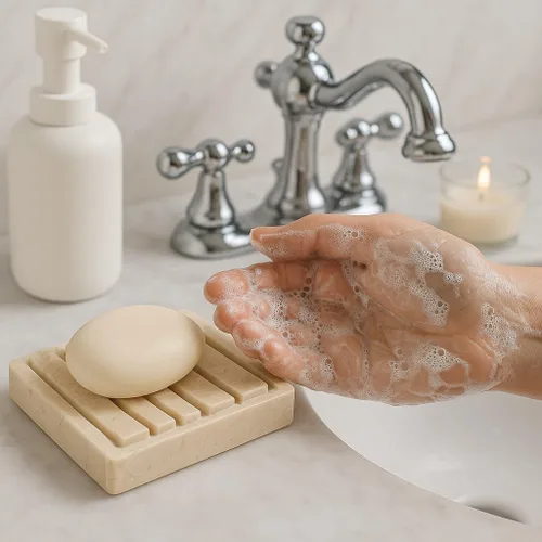 Vista 2 de Creative Home Jabonera de mano de mármol de champán natural, bandeja de jabón para baño, encimera de baño, fregadero de cocina, organizador Piedra