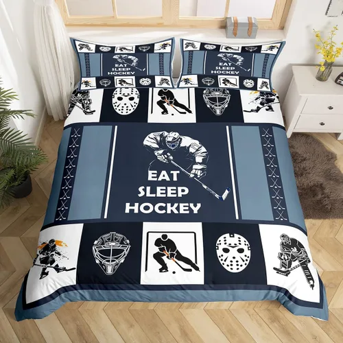 Vista 44 de Erosebridal Hockey Twin Duvet Cover for Boys,Blue and Black Sports Bedding Sets for Kids Teen,Ball Games Gamer Bed Set,Ice Hockey Field Quilt Cover