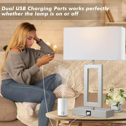 Vista 3 de gernehop - Juego de 2 lámparas de mesa plateadas con puertos USB duales, lámparas de noche con control táctil regulables de 3 vías, lámpara de mesa