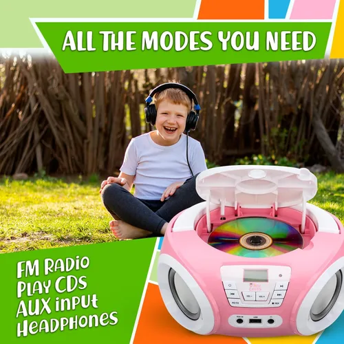 Vista 3 de TinyGeeks Tunes Kids Boombox Reproductor de CD para Niños - Radio FM - Incluye Baterías - Radio Rosa - Reproductor de CD con Altavoces para Niños