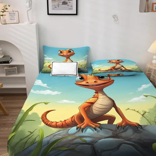 Vista 2 de Lizard Sheets - Juego de sábanas de 3 piezas de diseño de animales de dibujos animados, juego de sábanas y fundas de almohada de microfibra suave