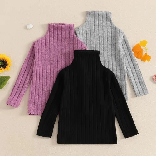Vista 9 de Camiseta casual de manga larga con cuello alto para niñas, blusa básica de color sólido para niñas de 1 a 8 años Paquete de 3 - negro+rosa+gris