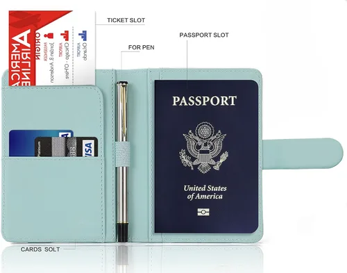 Vista 3 de Melsbrinna Funda de piel prémium para pasaporte, impermeable, con bloqueo RFID, cartera de viaje con soporte para bolígrafos, bonito libro