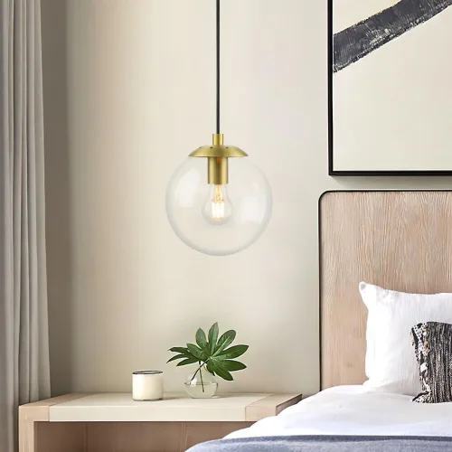 Vista 5 de XiNBEi Lighting - Lámpara colgante de globo de 8 pulgadas con latón satinado de vidrio transparente Mid Century Modern, Adjustable, Round Hanging