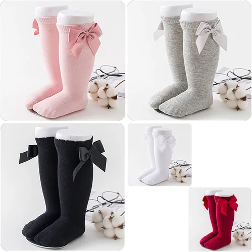 Vista 6 de Calcetines altos hasta la rodilla para bebés y niñas, con lazo, tubo con volantes, de algodón, calcetines largos para bebés y niños pequeños, 5 pares