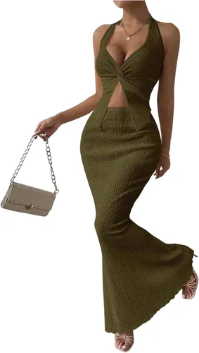 Vista 36 de SOLY HUX - Conjunto de dos piezas de verano para mujer, con parte superior tipo camisola con cuello halter, nudo frontal y falda marrón (Plain Brown)
