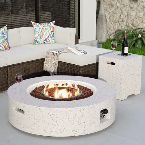 Vista 20 de COSIEST mesa cuadrada de propano para exteriores de arenisca con protector contra el viento, certificada, quemador de acero inoxidable de 50,000