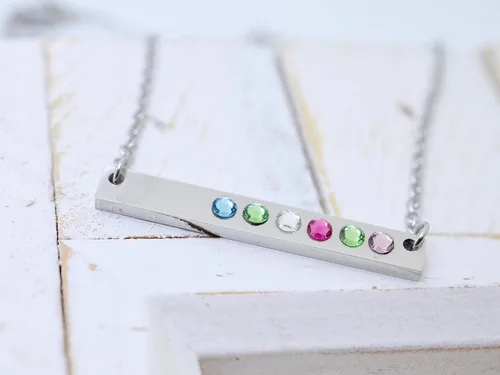 Vista 5 de Birthstone Bar Necklace, Custom Horizontal Bar Necklace, Mother Nana Grandma Present, Skinny Silver
