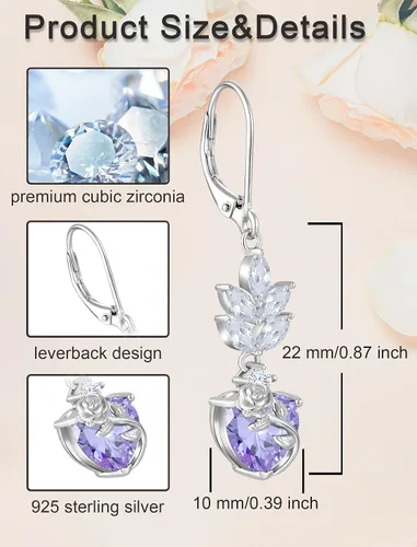 Vista 5 de Aretes de boda de plata esterlina para mujer, aretes de piedras natales colgantes con cierre de palanca para novias, regalos de joyería de graduación
