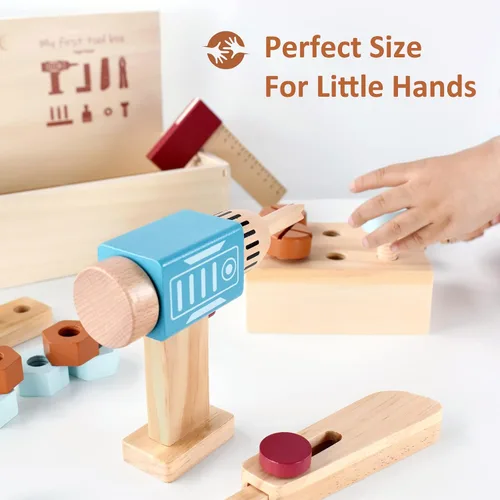 Vista 4 de PairPear Juego de herramientas para niños, caja de herramientas de juguete de madera con taladro de juguete, kit de herramientas de madera