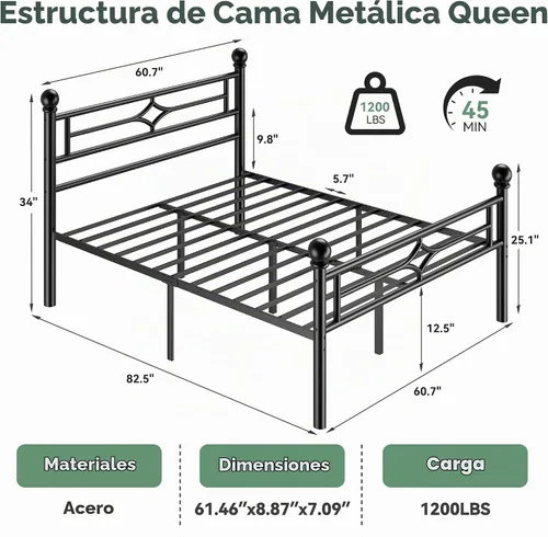 Vista 2 de BedsPick - Base de cama tamaño Queen con cabecera y estribo, marco de cama de plataforma de metal con esquinas redondeadas, soporte de listones