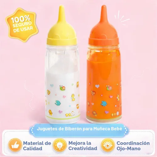 Vista 4 de Biberones mágicos, 2 botellas: 1 de leche y otra de jugo, tamaño grande especialmente para niños pequeños