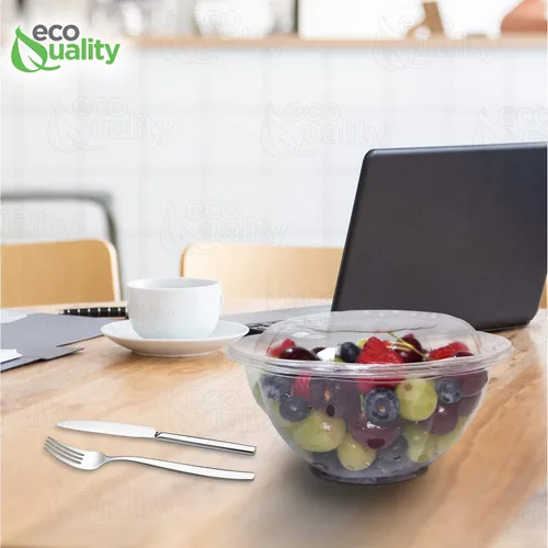 Vista 7 de Ensaladeras desechables transparentes de 32 onzas con tapas (paquete de 10) – Contenedores de ensalada desechables de plástico transparente