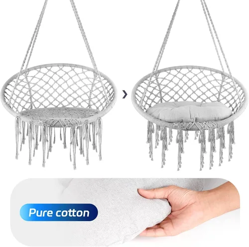 Vista 4 de Silla hamaca columpio de macramé, capacidad de 330 libras, silla colgante de cuerda de algodón con cojín suave y kit de herramientas, silla colgante