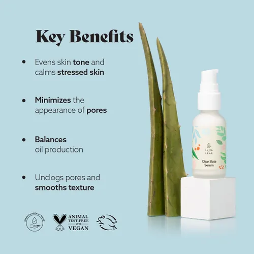 Vista 6 de LUMA & LEAF Clear Slate - Suero de niacinamida para la cara, enrojecimiento y alivio del acné con bakuchiol y aloe vera, suero facial vegano