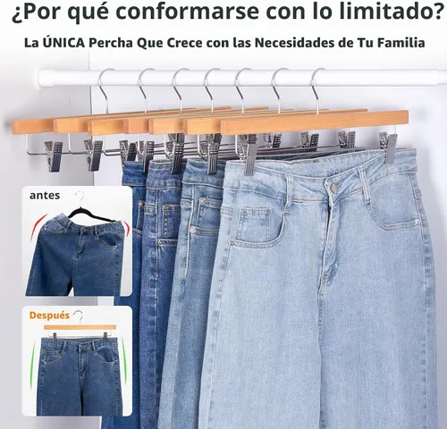 Vista 3 de HOUSE DAY Perchas de madera para pantalones con clips, paquete de 10 Natural
