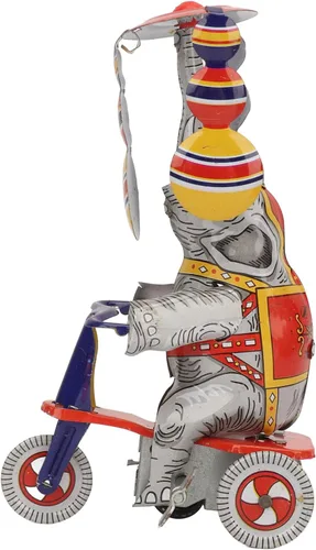 Vista 2 de RiToEasysports Juguetes de cuerda, elefante en triciclo, juguete de estaño de hierro impulsado por relojes, juguete retro de estaño de elefante