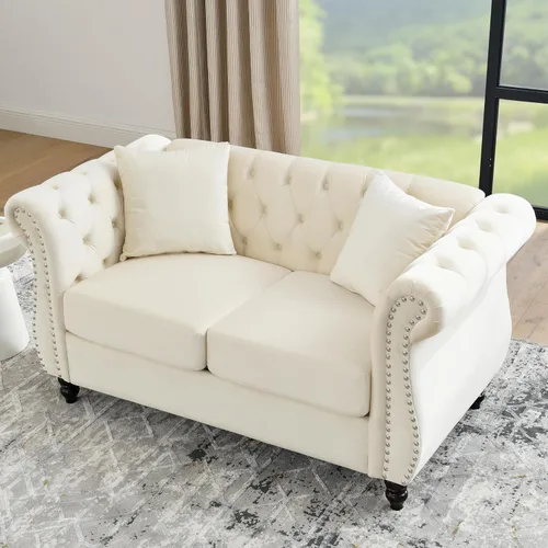 Vista 7 de Juego de Sofá Combinado de Terciopelo Chesterfield de 2 Piezas para Sala de Estar, Sofá de 3 Plazas y Loveseat con Tapizado Capitoné con 4