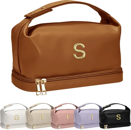 Vista 88 de Bolsa de maquillaje con asa, bolsa de cosméticos impermeable de doble capa, bolsas de maquillaje de cuero PU de gran capacidad con letra, bolsa