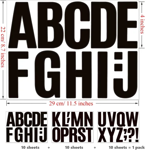 Vista 3 de Bemeol 340 piezas de 30 hojas de calcomanías de letras grandes de 4 pulgadas, autoadhesivas, letras del alfabeto, calcomanías para tablones de Negro