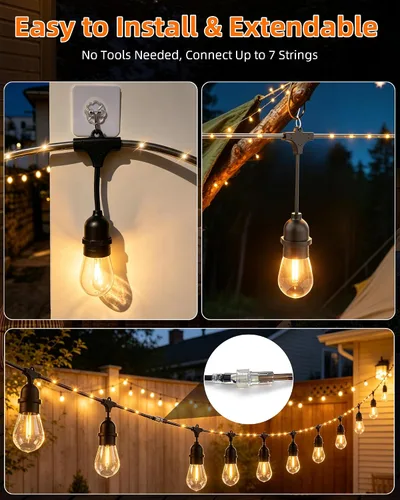 Vista 6 de Tira de luces para exteriores con tubo iluminado de 24 pies, cadena de luces de grado comercial con 13 bombillas Edison S14 (12+1 de repuesto)
