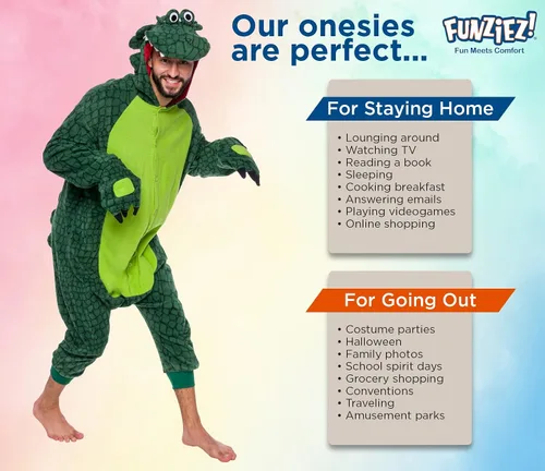 Vista 5 de Crocodile Alligator Adult Onesie - Dinosaur Halloween Costume - Animal One Piece Cosplay Suit for Women and Men by FUNZIEZ!