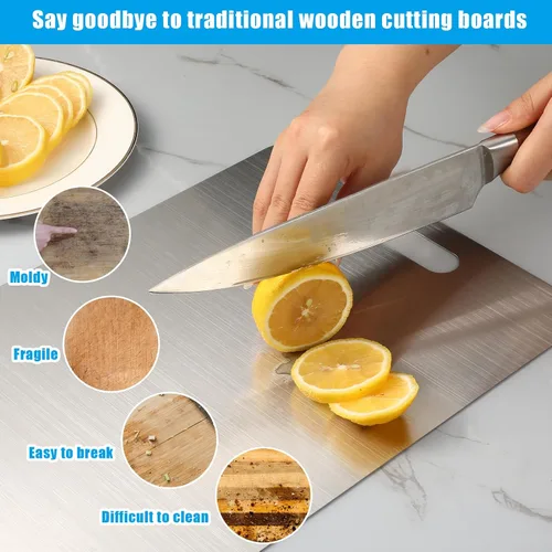 Vista 3 de Juego de 3 tablas de cortar de acero inoxidable, tablas de cortar de cocina de metal 304, no tóxicas con bordes sin rebabas, aptas