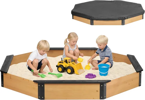 Vista 13 de Cajón de arena de 64"x56"x8.5" octogonal con cubierta para juegos al aire libre de niños, arenero grande de madera con 4 bancos, instalación rápida
