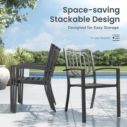 Vista 2 de PHI VILLA Juego de comedor al aire libre de 7 piezas para 6, mesa rectangular de metal negro de 60 pulgadas con agujero para sombrilla y sillas