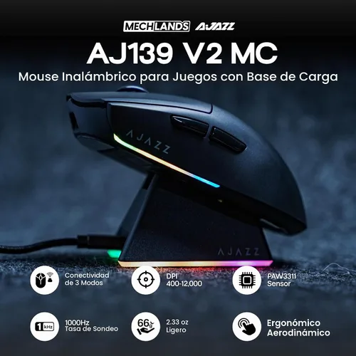 Vista 2 de MechLands AJAZZ AJ139 V2 MC Mouse para juegos con base de carga, ajustable 12,000 DPI, sensor PAW3311, 3 modos de mouse inalámbrico, batería de 500