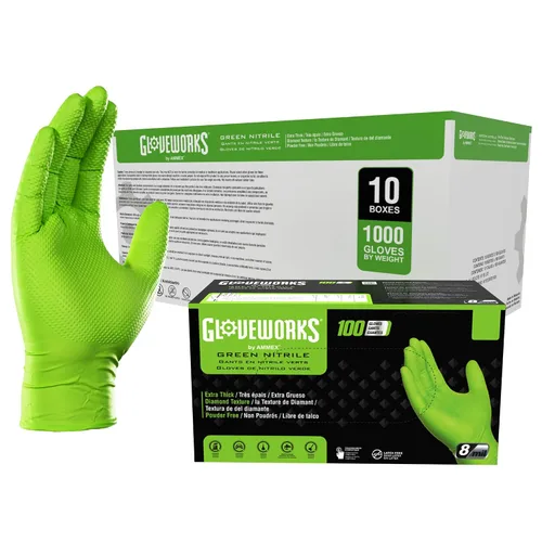 Vista 11 de GLOVEWORKS Guantes verdes HD, desechables de 8 mil, agarre de diamante elevado resistente, sin látex, guante mecánico, mediano, 2 cajas de 100