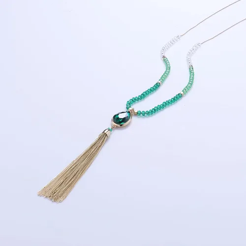 Vista 2 de Collar de borla larga con cuentas de cristal rosa, rojo, gris, champán, azul y verde para mujeres y niñas