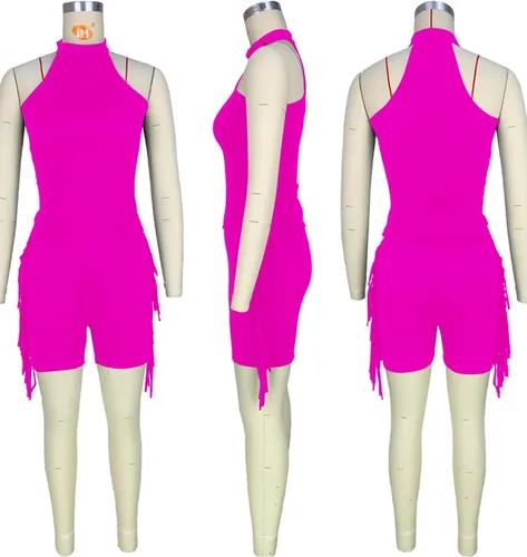 Vista 3 de LYANER Enterizo corto para mujer con borlas y cuello halter sin mangas