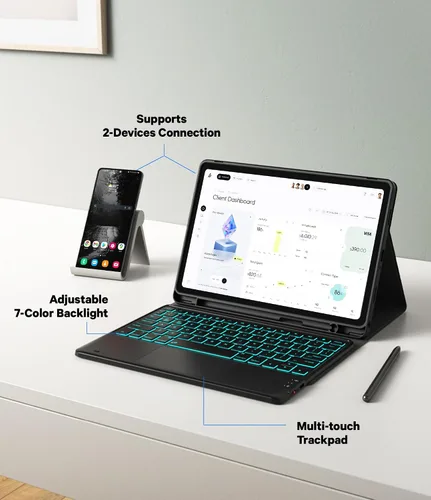 Vista 5 de GreenLaw Funda de teclado para Samsung Galaxy Tab A9 Plus de 11 pulgadas 2023, retroiluminación de 7 colores, trackpad inteligente, funda resistente