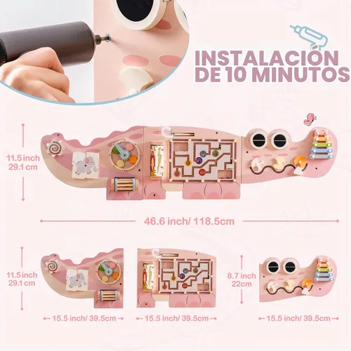 Vista 6 de ROBOTIME Tablero Ocupado de Cocodrilo Paneles de Pared para Niños Pequeños, Tablero de Actividades Sensoriales Montessori Rosa, Centro