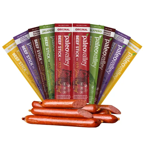 Vista 8 de Paleovalley: Palitos de carne 100% alimentados con pasto – Bocadillo orgánico paleo y keto con probióticos naturales – 40 palitos de carne seca