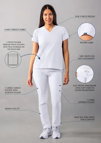 Vista 3 de Adar - Uniforme tipo filipina, con camisa de cuello en V y pantalones con bolsillos tipo cargo, para mujer