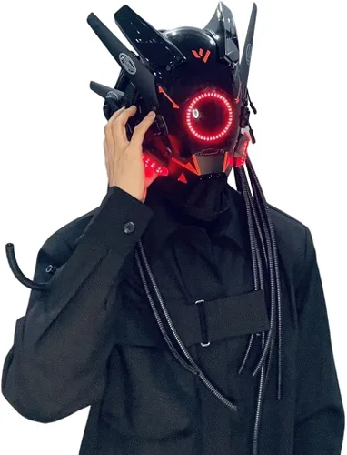 Vista 3 de LIGUOGUO Máscara LED Cyber Punk brillante para cosplay para hombres máscara futurista Cyberpunk casco Techwear accesorios llamativos disfraz