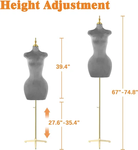 Vista 6 de Soporte de trípode de maniquí femenino de terciopelo gris,Maniqui ajustable en altura para cuerda,Maniquí de forma de vestido y exhibición