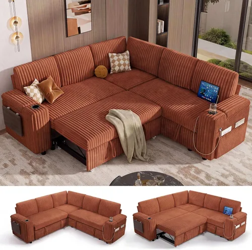 Vista 10 de Vipbear Sofá cama modular de 86 pulgadas con cama extraíble, sofá en forma de L de pana de felpa de 3 asientos con diván de almacenamiento, puertos