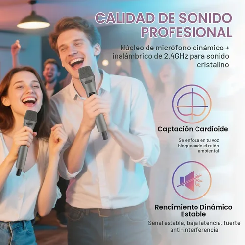 Vista 2 de Sistema de micrófono inalámbrico Aveek de 2.4GHz, micrófonos recargables y receptor, plug & play para máquina de karaoke, altavoces de fiesta