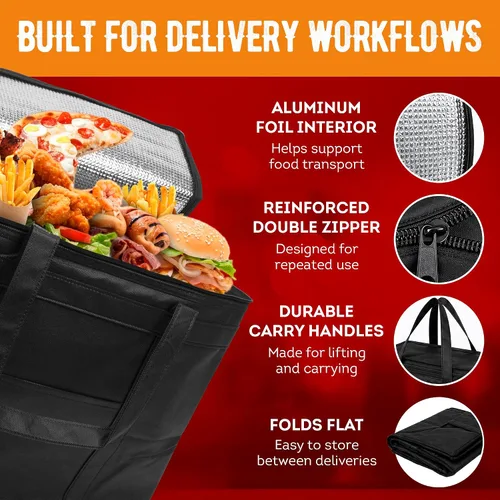 Vista 4 de APQ Supply Bolsa de entrega de alimentos aislada negra, bolsas de comestibles aisladas con cierre superior, bolsa de catering para entregas