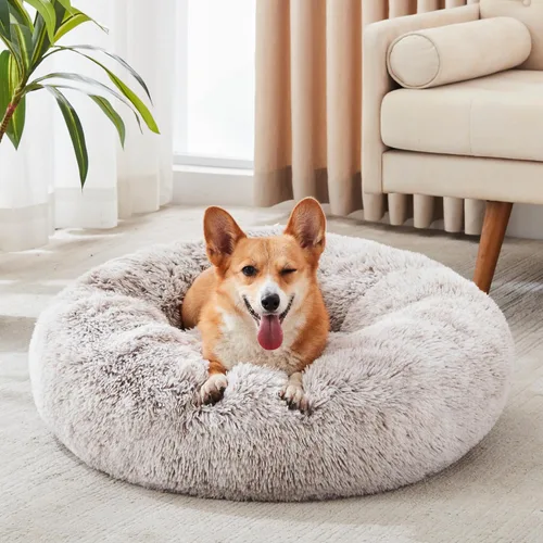 Vista 28 de Cama calmante para perros y gatos, cama antiansiedad, de felpa, con forma de dona, redonda, acolchada, de piel sintética, suave y esponjosa