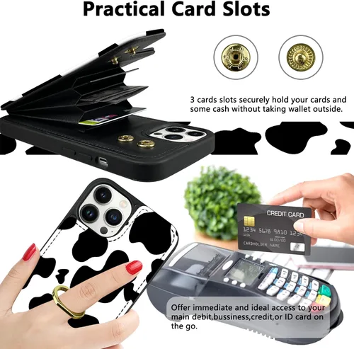 Vista 4 de Funda tipo cartera compatible con iPhone 13 Pro con soporte para tarjetas, rotación de 360°, soporte de anillo de dedo con función atril, bloqueo
