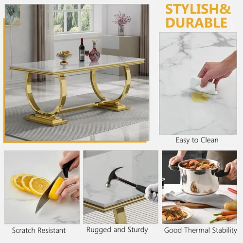Vista 6 de Juego de mesa de comedor de mármol para 4, mesa de cocina rectangular de mármol blanco de 70 pulgadas con base en O de acero inoxidable dorado