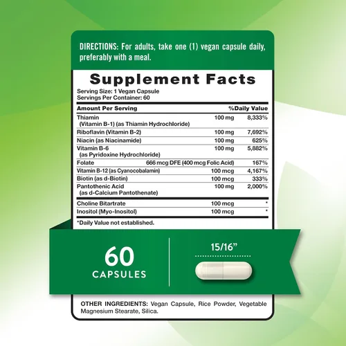 Vista 2 de Nature's Truth Complejo de Vitamina B para Mujeres y Hombres 60 Cápsulas B-100 de alta potencia Suplemento vegano, sin OMG y sin gluten